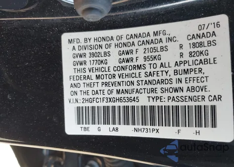 2016 Honda Civic Ex-T from USA, damaged, VIN 2HGFC1F3XGH653645